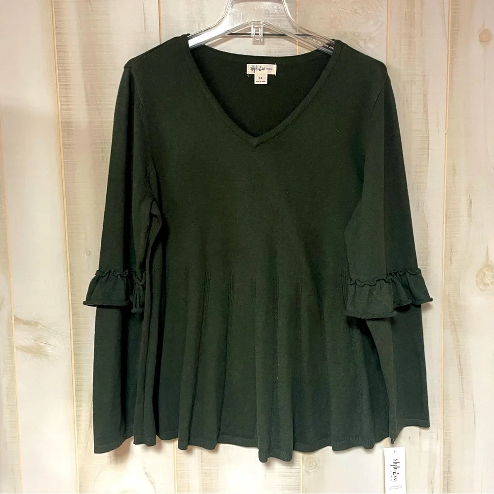 NWT Style & Co Dark Green V Neck Ruffle Sleeve Sweater Pullover Sz 1X - Picture 1 of 5